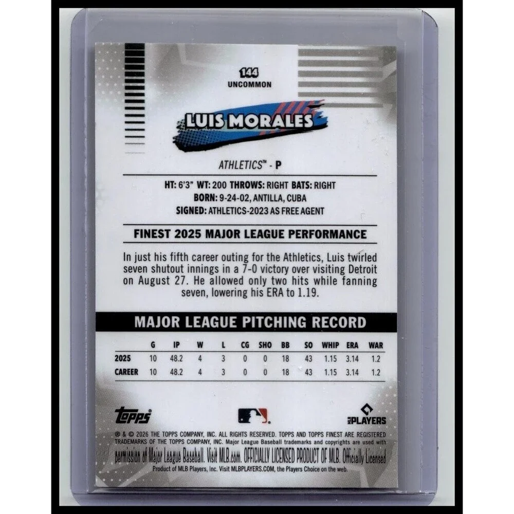 2026 Topps Finest Baseball#144 Luis Morales, Athletics RC Purple X-Fractor /75